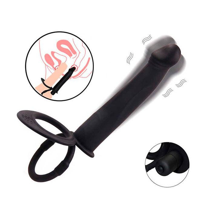 Ерекційне кільце з вібрацією і фалоімітатором для подвійного проникнення - Чорний - Анальні іграшки Вінниця - фото 1