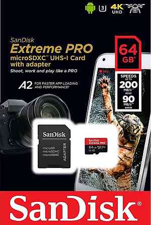 Карта пам'яті microSDXC (UHS-1 U3) SanDisk Extreme Pro A2 64Gb class 10 V30 (R200MB/s,W90MB/s) (adapter) Київ