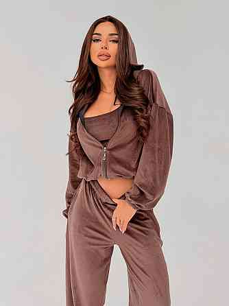 Жіночий стильний повсякденний велюровий костюм-трійка Шоколад, 42/44 Одеса