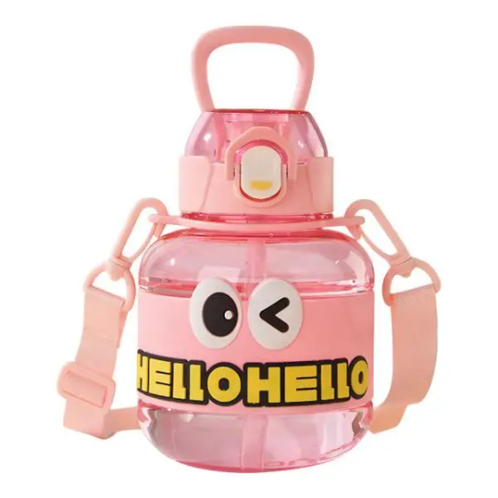 Yiwu Бутылка для воды детская с трубочкой 680 мл с ручкой и ремешком Рожева HP-14-46P Київ