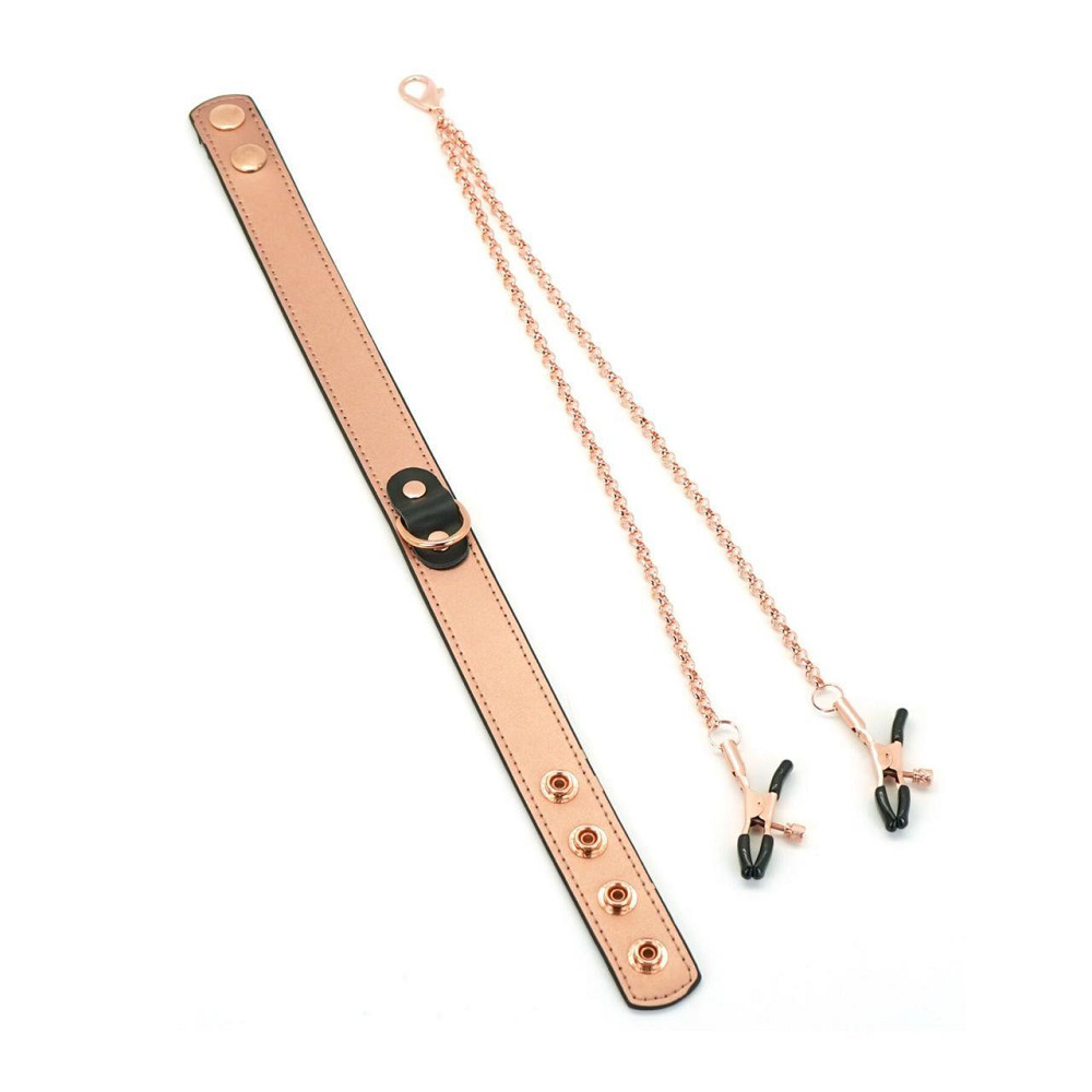 Нашийник із затискачами для сосків Liebe Seele Rose Gold Memory Collar with Nipple Clamps, шкіра Sex Aura Київ - фото 2