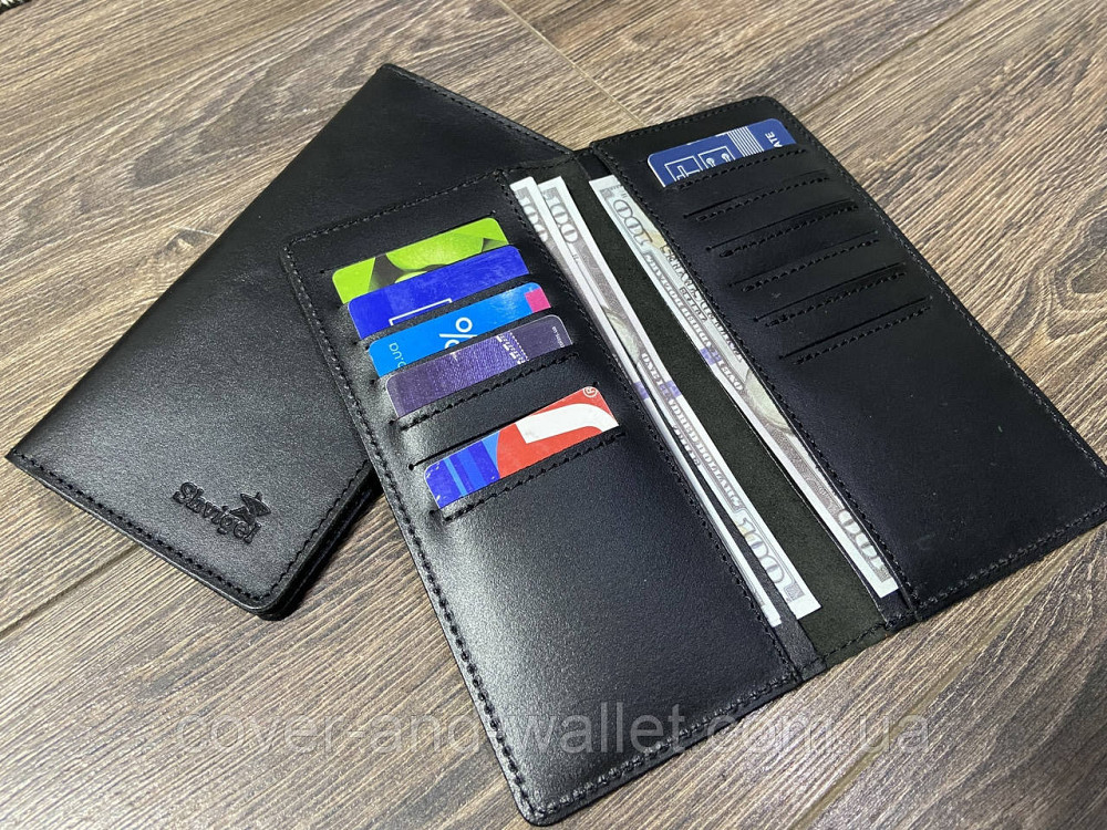 Тонкий мужской кожаный кошелёк купюрник черного цвета ручной роботы SHVIGEL Киев - изображение 1