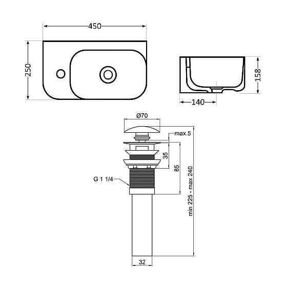 Комплект Qtap Tern: Раковина подвесная прямоугольная левая 450х250х158 мм White + Донный клапан PU02O Киев