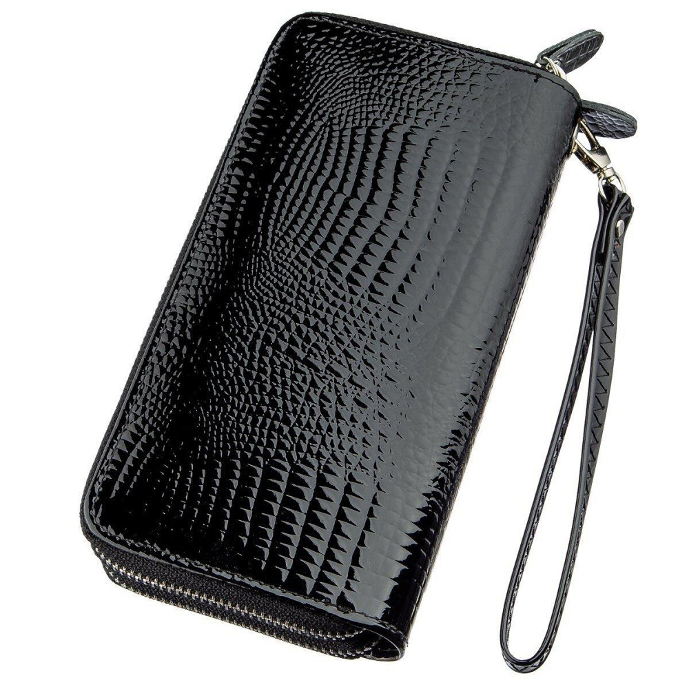 Гаманець жіночий з екокожі на дві блискавки лаковий KIVI Хамелеон 19026 Чорний Київ - фото 4