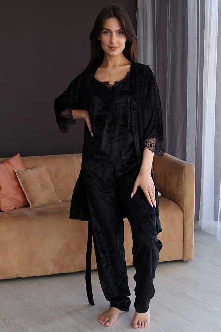 Пижама женская велюровая с халатом 4 в 1 Черный S Харьков - изображение 4