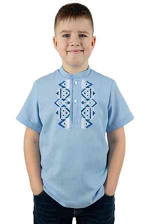 Вышиванка для мальчиков, льняная, короткий рукав, голубая, топ 146 Киев