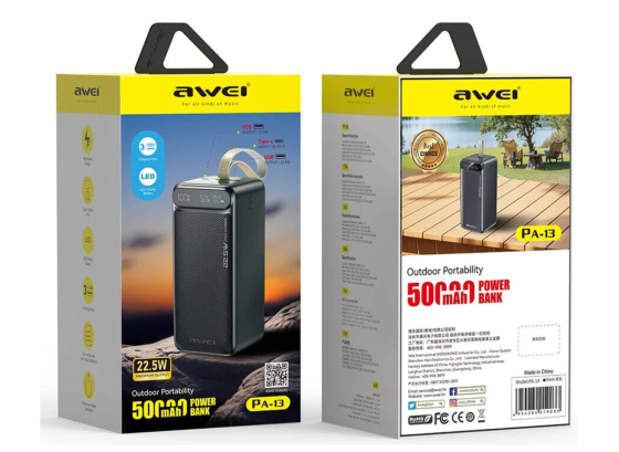 Зовнішній Power Bank AWEI PA-13 50000mAh, швидка зарядка 22,5Вт, 4 USB порти, Type-C вхід, надійний  Київ