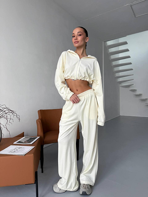 Жіночий велюровий костюм-двійка: худі на блискавці та штани Молочний, 46/48 Одеса - фото 1