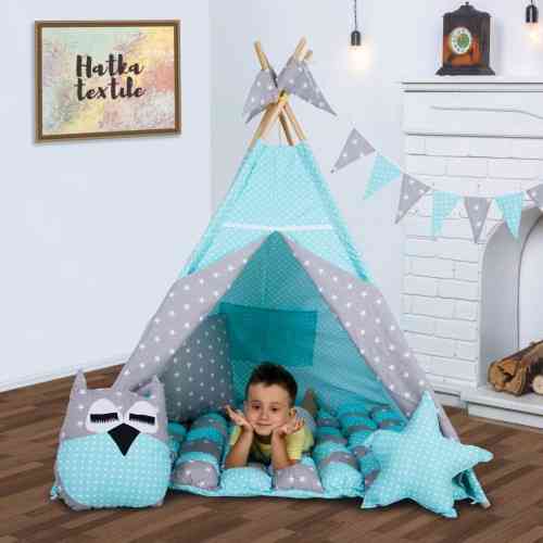 Вігвам Хатка комплект бонбон Зірки М'ятний із сірим із подушками — Великий 150*150 см Київ