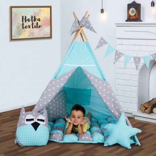 Вигвам Хатка комплект бонбон Звезды Мятный с серым с подушками - Большой 150*150 см Киев - изображение 1