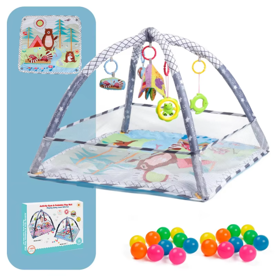Детский игровой коврик-манеж с подвесками, манеж для малышей с ограждением, 80x80x50см, голубой Каменец-Подольский
