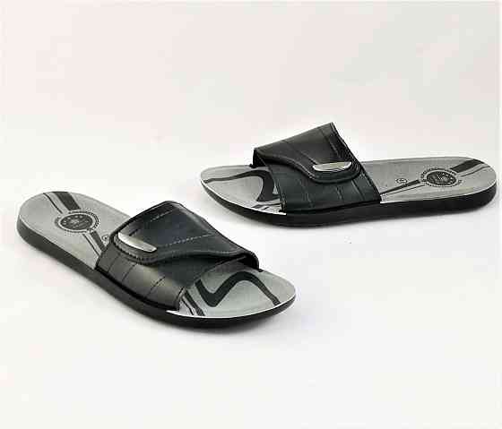 Мужские Шлёпанцы Тапочки Кожаные Черные Сланцы на Липучке (размеры: 41,42,43,44,45,46) Днепр