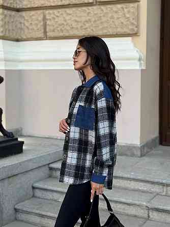 Женская стильная рубашка в клетку с джинсовыми вставками турецкая байка Черный, 50/52 Одесса