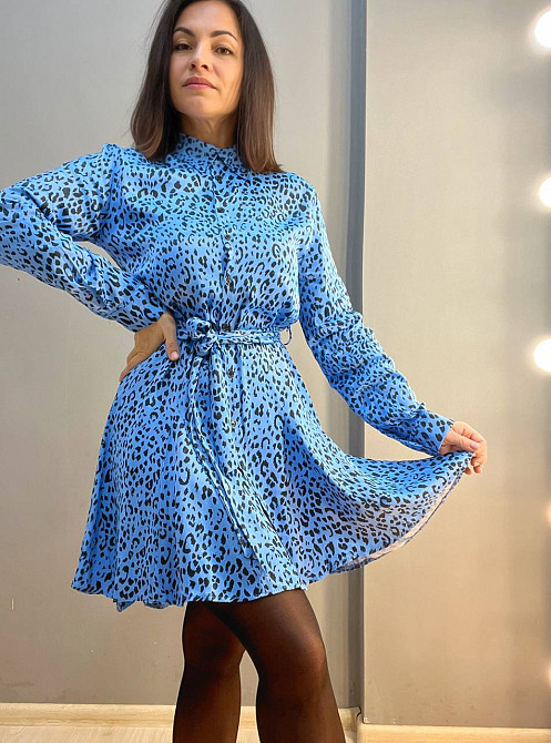 Платье женское Mix Ray 4219 леопардовый принт короткое на пуговицах с поясом голубое, голубой, S Киев - изображение 7