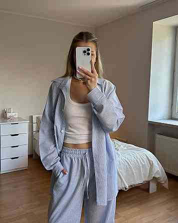 Женский стильный повседневный костм двойка лен- коттон полоска Голубой, 42/46 Одесса