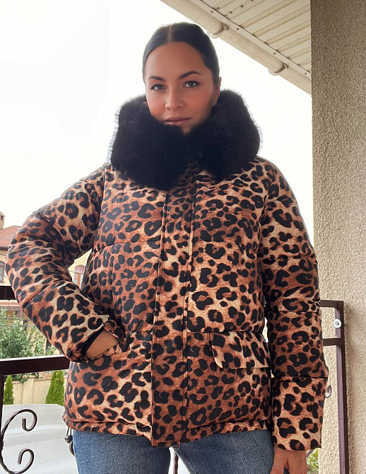 Куртка жіноча Lady Yep 9063 подовжена леопардовий принт з капюшоном хутро, коричневий, 44 Київ - фото 1