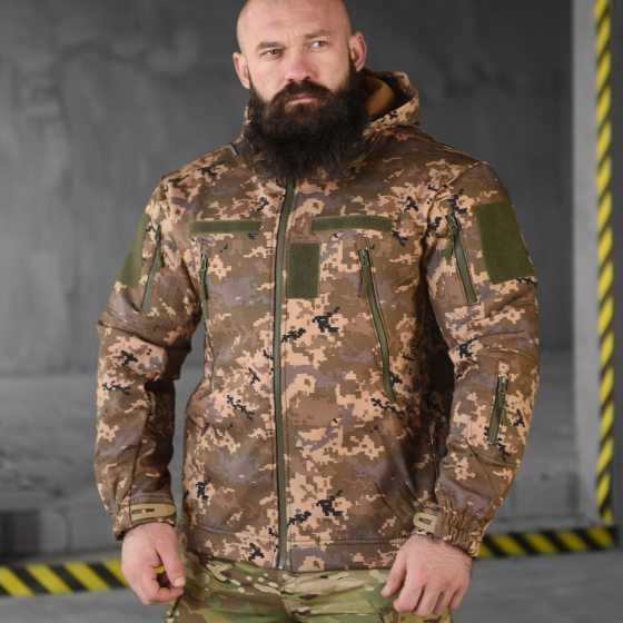 Чоловіча тактична куртка військова піксель зсу софтшелл, армійська вітровка з капюшоном піксель весняна Одеса