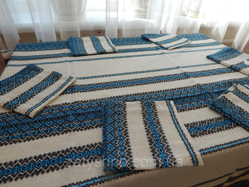 Вышитая синяя  скатерть и салфетки, машинная вышивка Киев - изображение 3