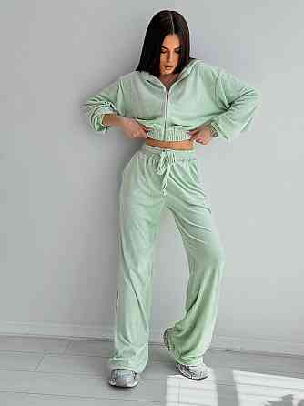 Жіночий стильний костюм-двійка: кофта та штани з плюш велюру М'ятний, 44/46 Одеса