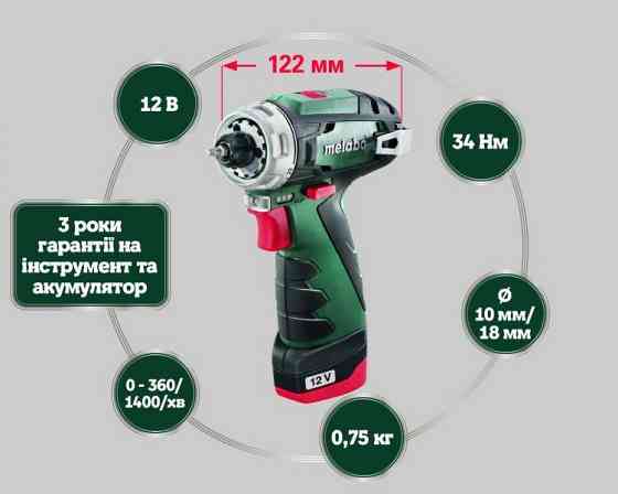Акумуляторний шуруповерт Metabo PowerMaxx BS Basic 2х2,0 Ач в сумці (600079550) Київ