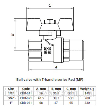 Кран кульовий ЗВ 1/2" (ручка-метелик) PN40 Raftec Red CBB-011 Чернівці
