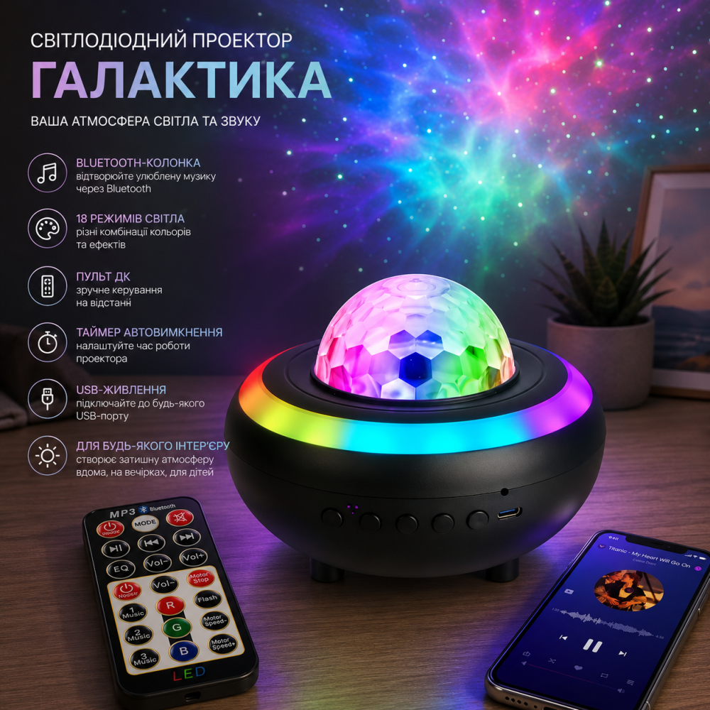 Світлодіодний проектор нічного неба "Галактика": Ocean Wave, Bluetooth-колонка, 18 режимів та пульт ДК Київ - фото 8