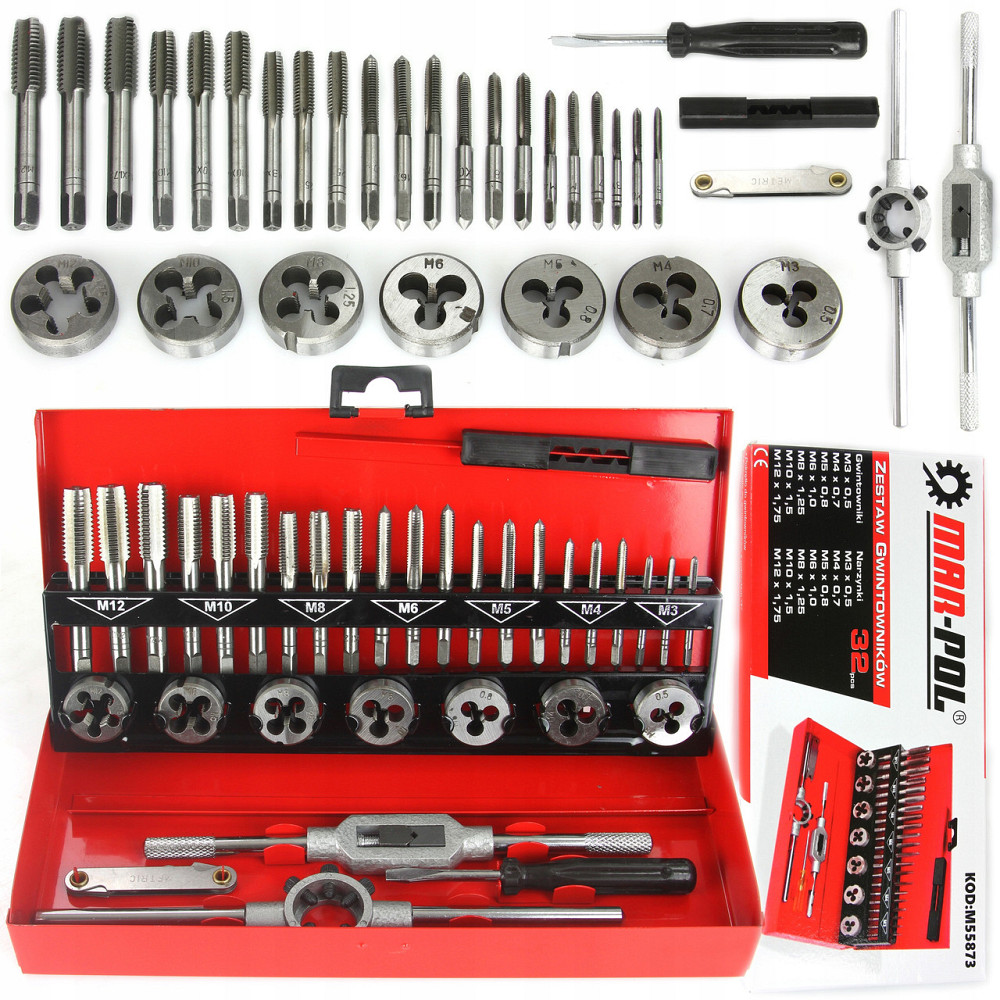 Комплект мітчиків та плашок для нарізки різьблення 32 елементи в ящику Mar-Pol (M55873) Нововолинськ - фото 1