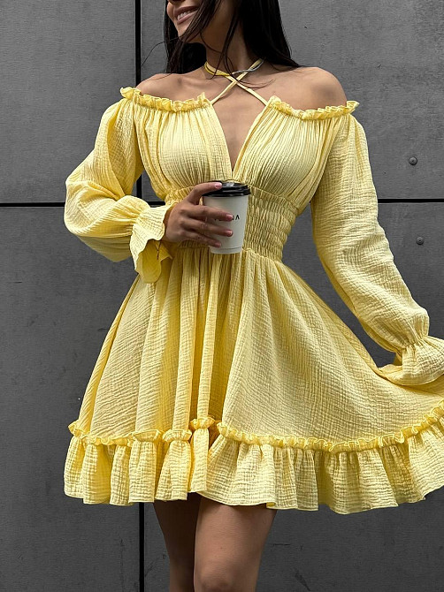 Женское летнее романтичное мини платье натуральный муслин Лимонный, 46/48 Одесса - изображение 1