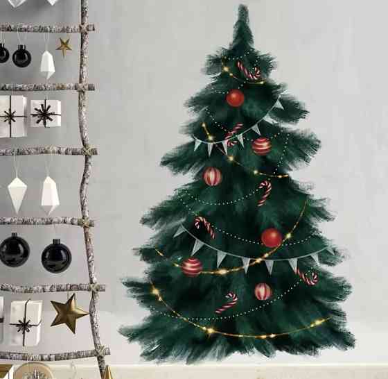 Наклейка новорічна на вікна Ялинка з кульками 95 на 63 см картина на 2-х листах розмірами 60на40см силікон зелений Київ