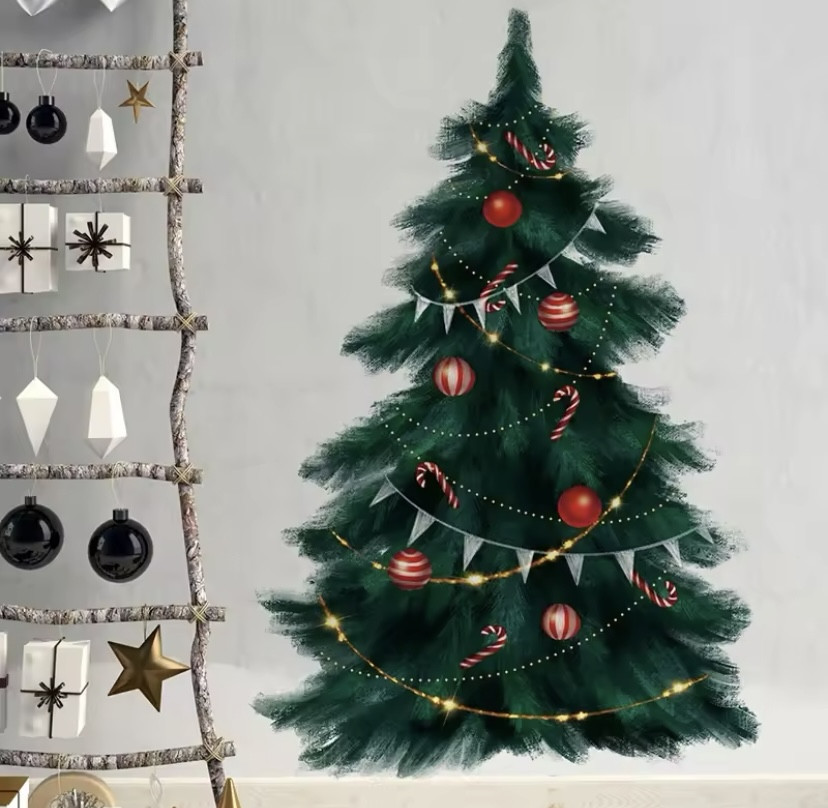 Наклейка новорічна на вікна Ялинка з кульками 95 на 63 см картина на 2-х листах розмірами 60на40см силікон зелений Київ - фото 4