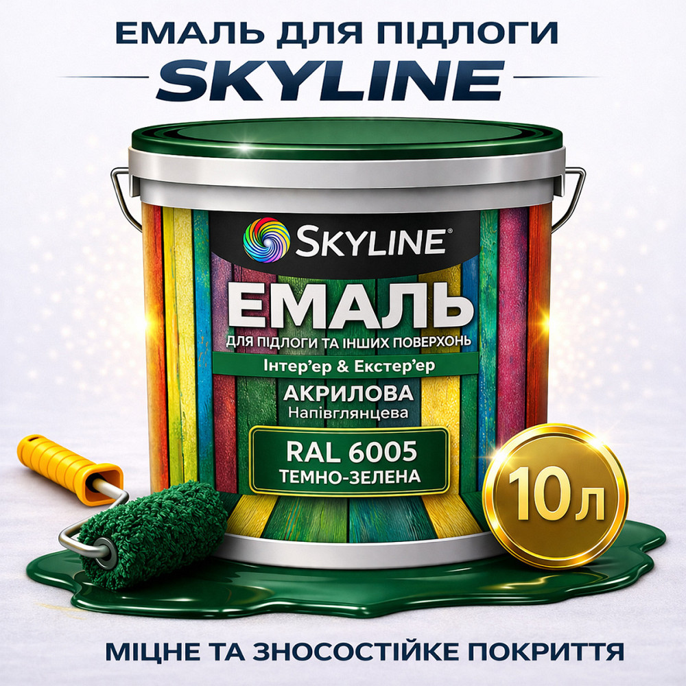 Емаль для підлоги SkyLine RAL 6005 Зелена, вологостійка, зносостійка, без запаху, для дерева, металу та бетону, 10 л Харків - фото 1