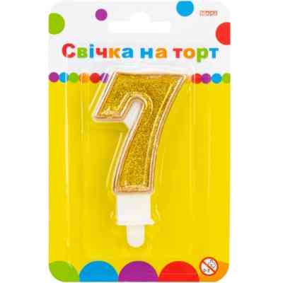 Свічка Maxi золотиста двостороння з блискітками "7", 7,62 см, на торт (MX622083-7) Вінниця