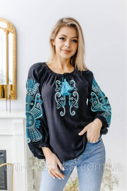 Жіноча чорна вишиванка на натуральному полотні Витинанка чорно-блакитнаS-4XL Кривий Ріг - фото 1