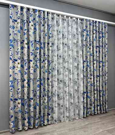 Комплект штор VR-Textil Лен Прованс 100х265 2шт и Тюль 300х265 1725ш-1543т Светло-серый с синим и белым 71-105/1 Киев
