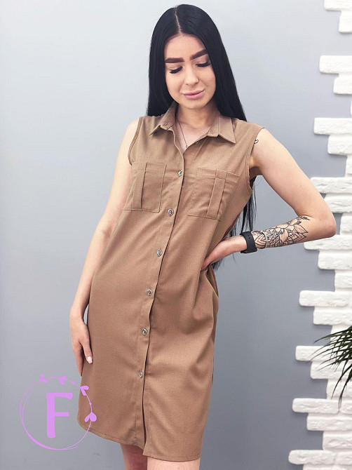 Лляна сукня-сорочка без рукавів "Journey" оптом | Розпродаж моделі Капучіно, 42-44 Київ - фото 3