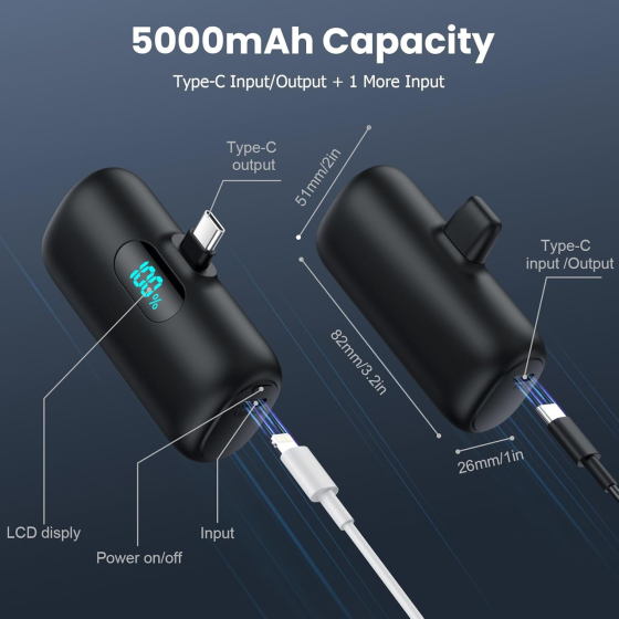 Б\В Power Bank Feob 5000 мАг USB-C 15 Вт PD, міні зовнішній акумулятор з LCD-дисплеєм, пряма зарядка смартфона, чорний Київ