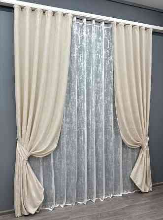 Комплект штор VR-Textil Жакард Мармур 100х270 2шт і Тюль 300х270 1763ш-1400т Молочний з білим 71-021/1 Київ
