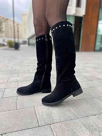 Nivelle Жіночі чоботи зимові з натуральної замші на низькому ходу чорні / Чоботи замшеві 5464/2 Коломыя