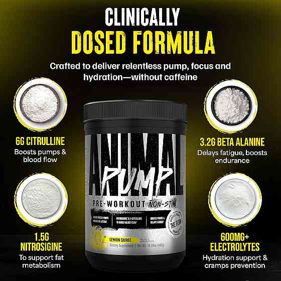 Передтренувальний комплекс Universal Nutrition Animal Pump Non-Stim Powder 442 г, Lemon Surge Луцьк