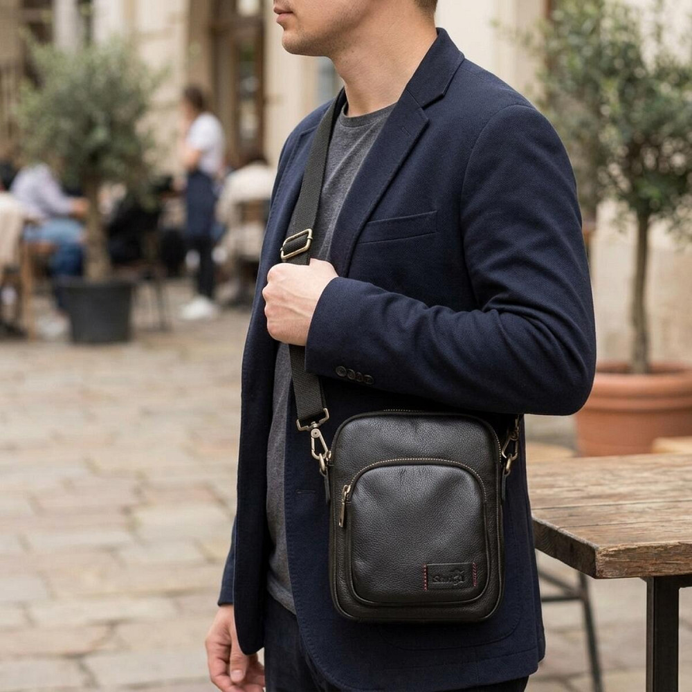 Чоловіча шкіряна сумка через плече та в руку для документів і міста SHVIGEL 19110 Чорна Київ - фото 9