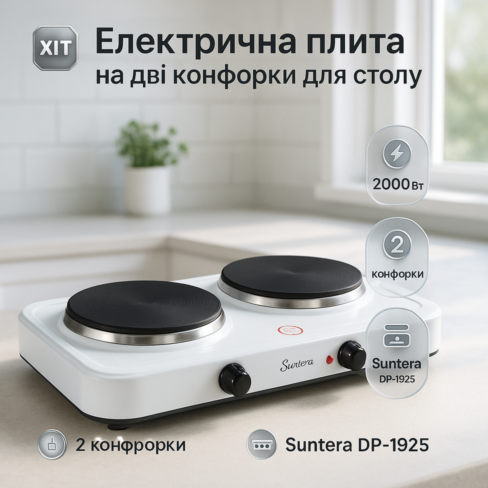 Переносна настільна електроплита Suntera, Комфорочна електроплита настільна дві конфорки FY-10 Львів - фото 11