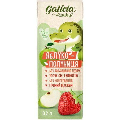 Сік дитячий Galicia Baby яблучно-полуничний з м’якоттю натуральний 200 мл (4820209564280) Вінниця - фото 1