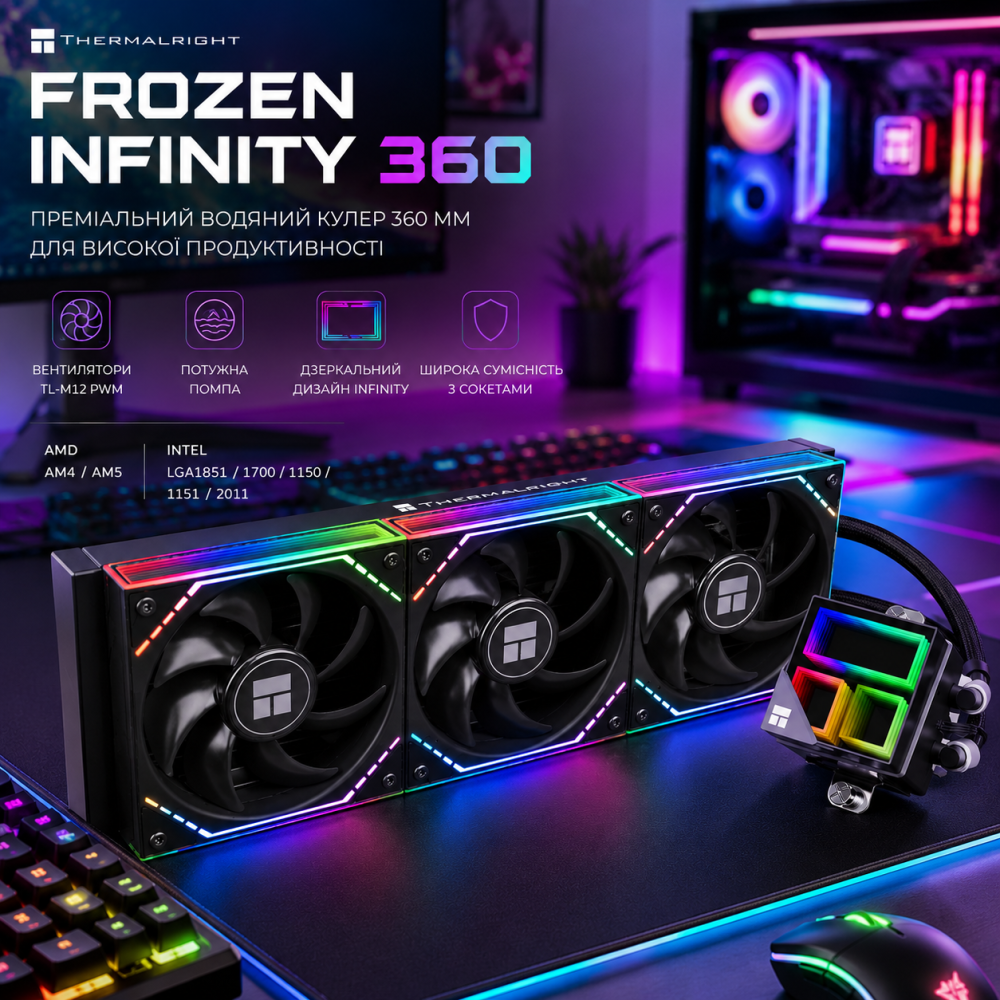 Система водяного охлаждения Thermalright Frozen Infinity 360 Black: ARGB, Infinity Mirror, 3x120мм PWM, Intel LGA1851/1700 и AMD A Киев - изображение 1
