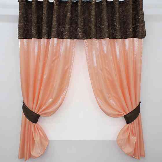 Кухонные шторы VR-Textil № 073к с ламбрекеном и подхватами персиковый с коричневым 270х170 см (52-0212) Киев