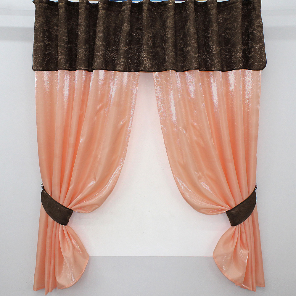 Кухонные шторы VR-Textil № 073к с ламбрекеном и подхватами персиковый с коричневым 270х170 см (52-0212) Киев - изображение 1