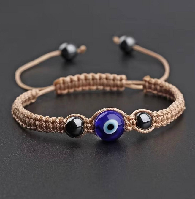 Браслет з оком на шнурку бежевий, регульований браслет оберіг Київ - фото 1