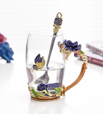 Чашка ПОДАРОЧНАЯ термостойкая Синяя РОЗА с ложечкой, Подарочная упаковка Кременчуг