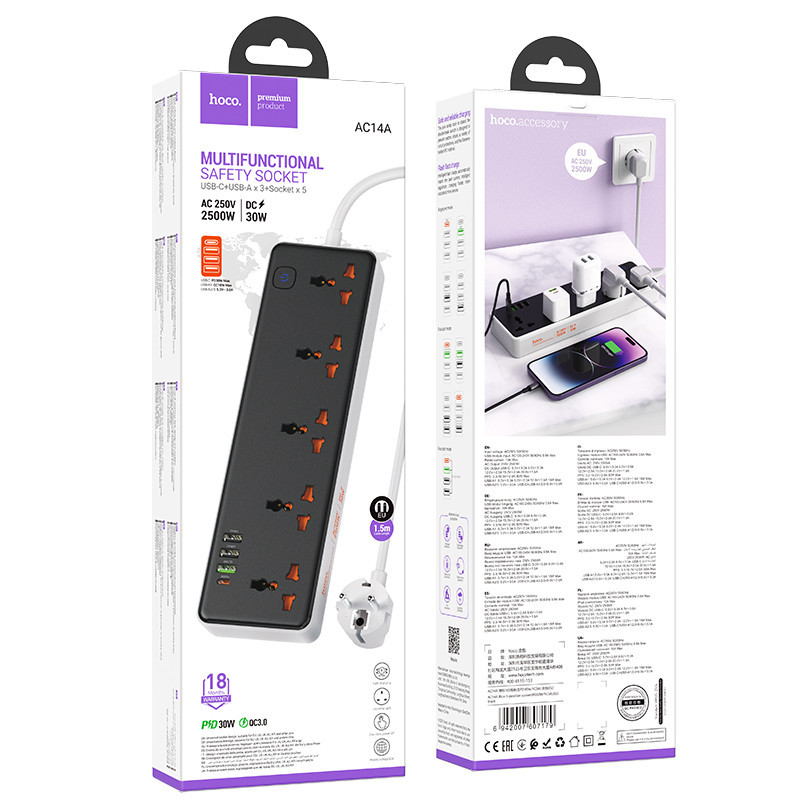Мережевий подовжувач HOCO AC14A Rico 5-position socket(PD30W/1C3A) Black Київ - фото 5