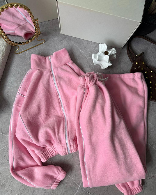 Теплий жіночий прогулянковий костюм із кантом двосторонній фліс. Рожевий Одеса - фото 2