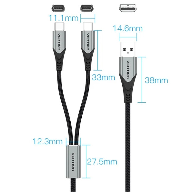 Кабель USB 2.0 AM - 2хType-C M, 1.0 м Y-Splitter Charging Cable 2.4А 480Mbps Aluminum Alloy Vention Вінниця - фото 4